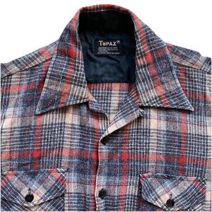Vintage 70s Loop Collar Flannel Shirt Wool Blend Topaz Plaid Medium Camp